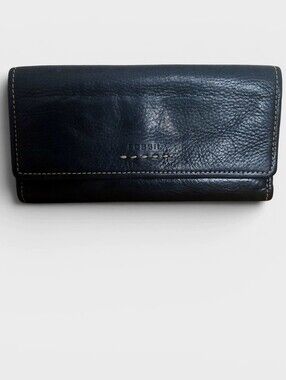 VTG Fossil Black Leather Trifold Checkbook Wallet Clutch Contrast Pop Stitch Y2K